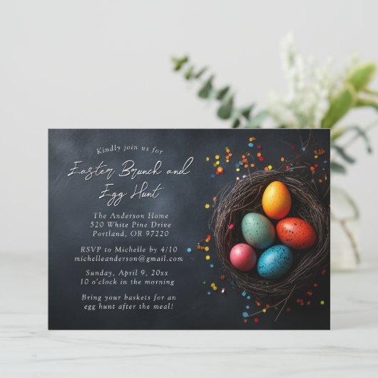 Eieren in nest paasbrunch en eierjacht kaart (Staand voorkant)