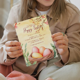 Eieren in vogelnest en bloemgeel gelukkig Pasen Kaart