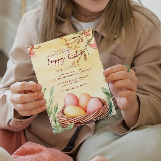 Eieren in vogelnest en bloemgeel gelukkig Pasen Kaart