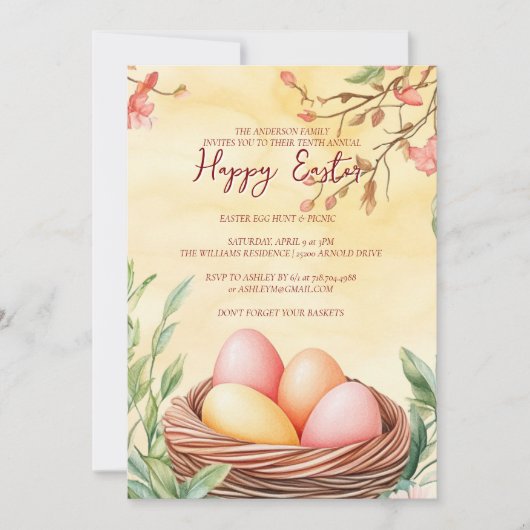 Eieren in vogelnest en bloemgeel gelukkig Pasen Kaart (Voorkant)