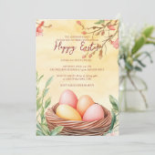 Eieren in vogelnest en bloemgeel gelukkig Pasen Kaart (Staand voorkant)