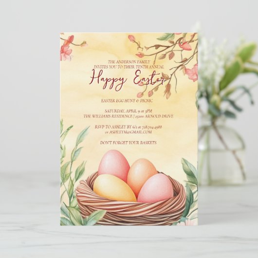 Eieren in vogelnest en bloemgeel gelukkig Pasen Kaart (Staand voorkant)