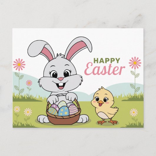 Eieren, konijn en kuiken - Happy Easter Briefkaart (Voorkant)