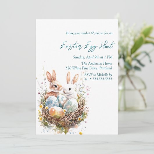 Eieren konijnen in vogelnest paaseieren jacht kaart (Staand voorkant)