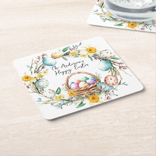 Eiermand met decoratieve eieren I bloemenPasen Kartonnen Onderzetters (Schuin)