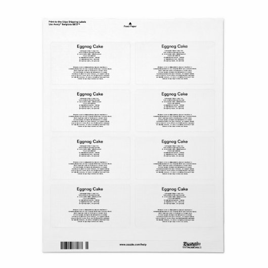 Eiernog Cake receptenetiketten Etiket (Full Sheet)
