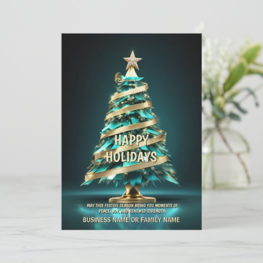 Eierstokkanker kerstboom blauwgroen lint oncologie feestdagenkaart (Staand voorkant)