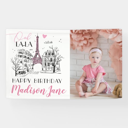 Eifel Tower Paris Parisian Photo Happy Birthday Spandoek (Horizontaal)
