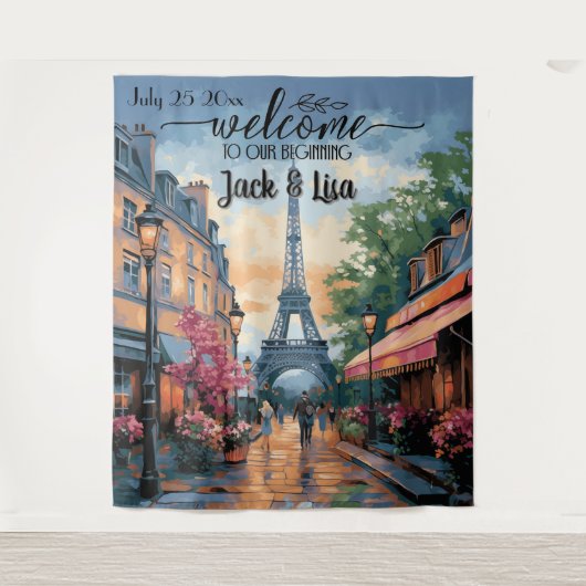 Eiffel Garden Elegance Wedding Backdrop Wandkleed (Voorkant)