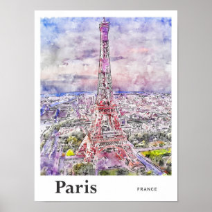Eiffel Parijs Frankrijk Travel Waterverf Hand gete Poster