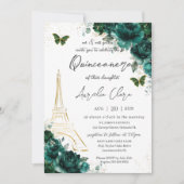 Eiffel Paris Quinceañera Emerald Green Floral Kaart (Voorkant)