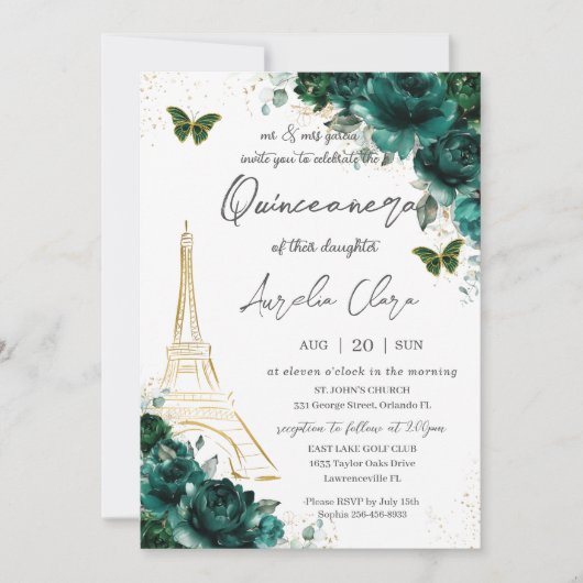 Eiffel Paris Quinceañera Emerald Green Floral Kaart (Voorkant)