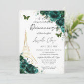 Eiffel Paris Quinceañera Emerald Green Floral Kaart (Staand voorkant)