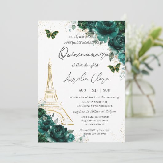 Eiffel Paris Quinceañera Emerald Green Floral Kaart (Staand voorkant)