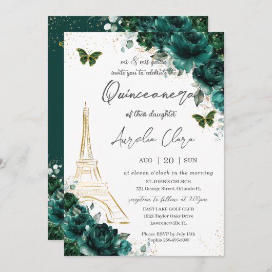 Eiffel Paris Quinceañera Emerald Green Floral Kaart (Voorkant / Achterkant)