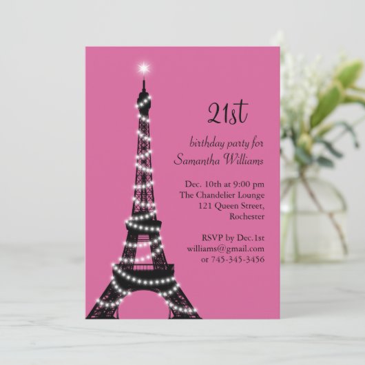Eiffel Tower 21st Birthday Invitation (fuchsia) Kaart (Staand voorkant)