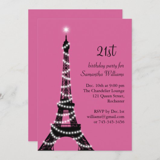 Eiffel Tower 21st Birthday Invitation (fuchsia) Kaart (Voorkant / Achterkant)