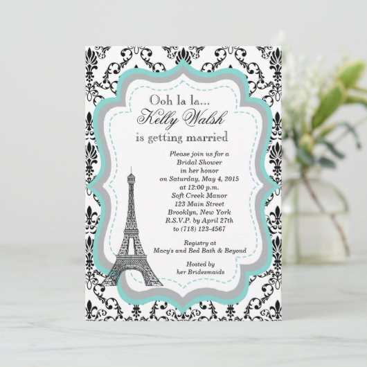 Eiffel Tower Aqua Paris Bridal Shower Kaart (Staand voorkant)