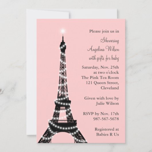 Eiffel Tower Baby shower Invitation (roze) Kaart (Voorkant)