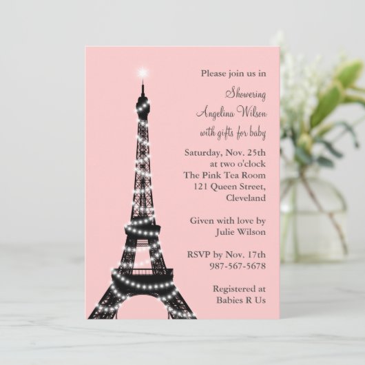 Eiffel Tower Baby shower Invitation (roze) Kaart (Staand voorkant)