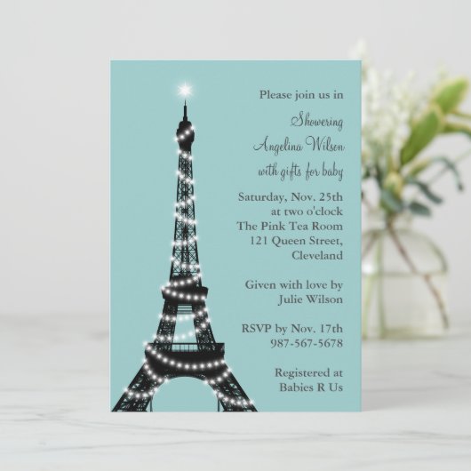 Eiffel Tower Baby shower Invitation (turquoise) Kaart (Staand voorkant)