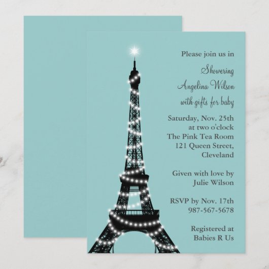 Eiffel Tower Baby shower Invitation (turquoise) Kaart (Voorkant / Achterkant)