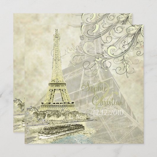 Eiffel Tower+bateau mouche+swirls bruiloft Kaart (Voorkant / Achterkant)