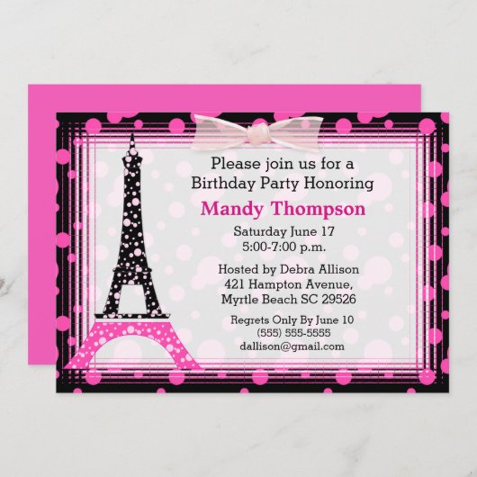 Eiffel Tower Birthday Party Invitation Kaart (Voorkant / Achterkant)