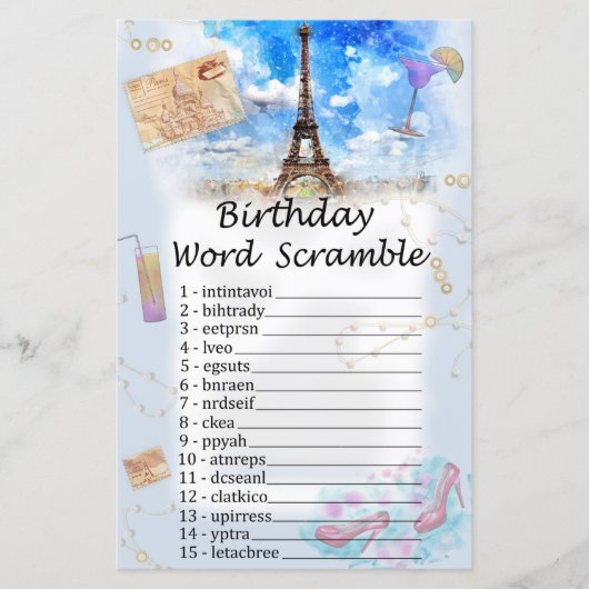 Eiffel tower Birthday Word Scramble Game (Voorkant)
