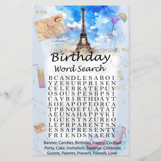 Eiffel tower Birthday word search game (Voorkant)