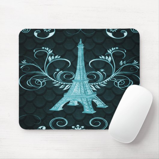 Eiffel Tower Blauwgroen Floral Swirl Muismat (Met muis)