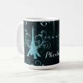 Eiffel Tower Blauwgroen Floral Swirls Koffiemok (Voorkant links)