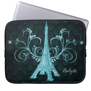 Eiffel Tower Blauwgroen Floral Swirls Laptop Sleeve