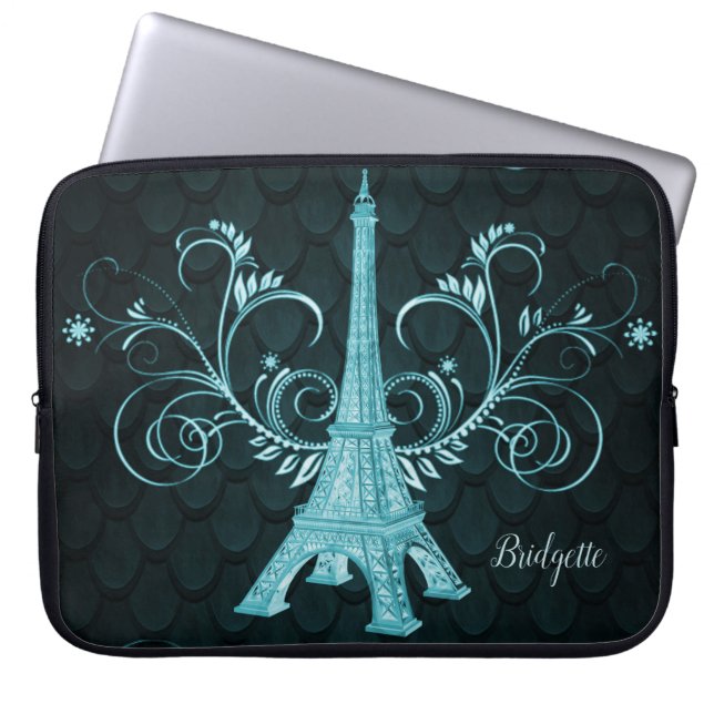 Eiffel Tower Blauwgroen Floral Swirls Laptop Sleeve (Voorkant)