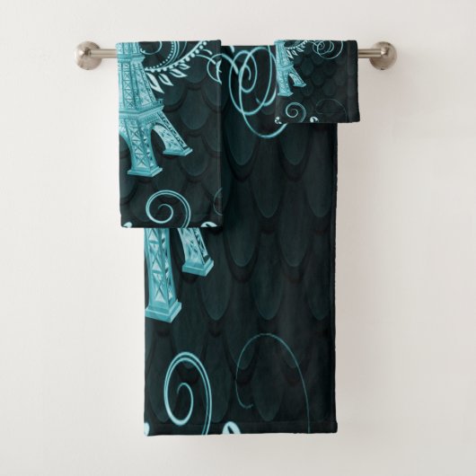 Eiffel Tower Blauwgroen Floral Swirls Towel Set Bad Handdoek (Insitu)