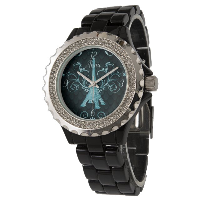 Eiffel Tower Blauwgroen Floral Swirls Watch Horloge (Gekanteld)