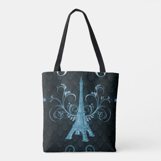 Eiffel Tower Blue Floral Swirls Canvas tas (Achterkant)