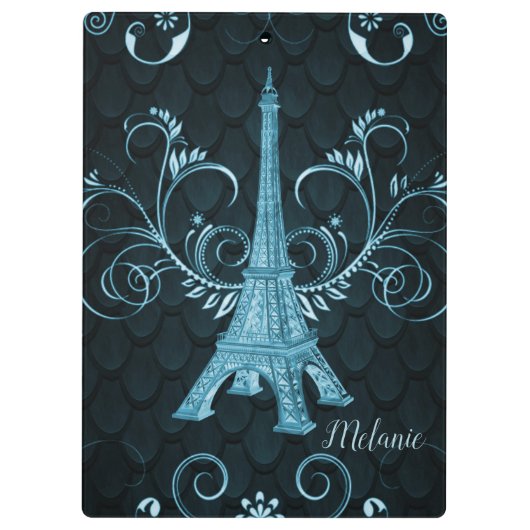 Eiffel Tower Blue Floral Swirls Cliboard Klembord (Achterkant)