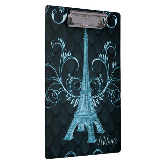 Eiffel Tower Blue Floral Swirls Cliboard Klembord (Rechts)