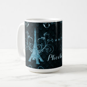 Eiffel Tower Blue Floral Swirls Koffiemok