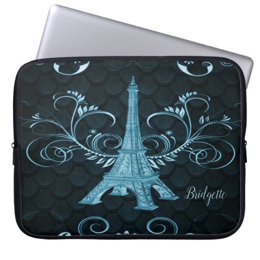 Eiffel Tower Blue Floral Swirls Laptop Sleeve (Voorkant)