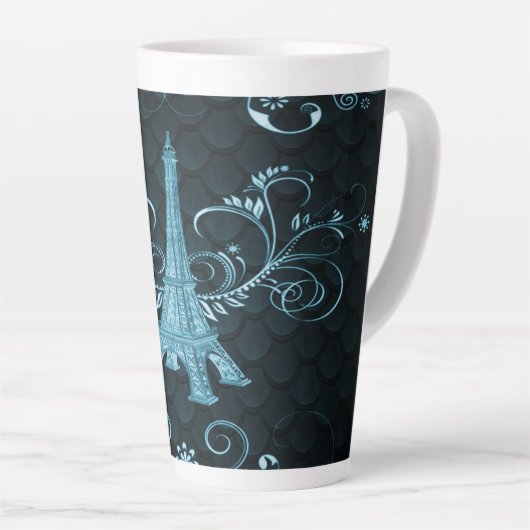 Eiffel Tower Blue Floral Swirls Latte Mok (Rechterhoek)