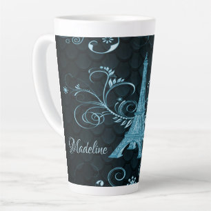 Eiffel Tower Blue Floral Swirls Latte Mok
