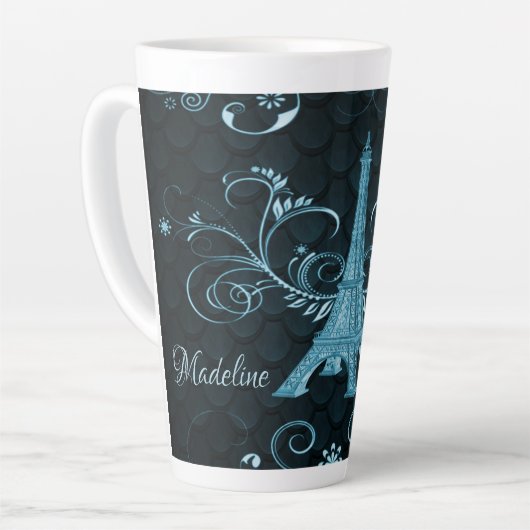 Eiffel Tower Blue Floral Swirls Latte Mok (Linkerhoek)