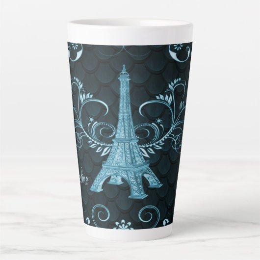 Eiffel Tower Blue Floral Swirls Latte Mok (Voorkant)