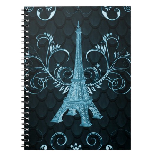 Eiffel Tower Blue Floral Swirls Notitieboek (Voorkant)