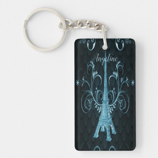 Eiffel Tower Blue Floral Swirls Sleutelhanger (Voorkant)