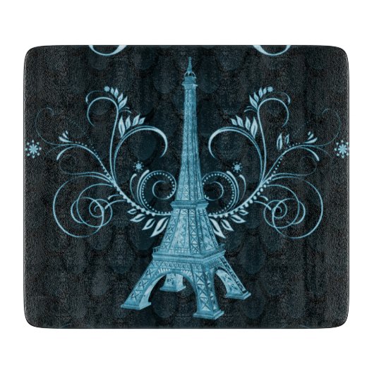 Eiffel Tower Blue Floral Swirls Snijplank (Voorkant)