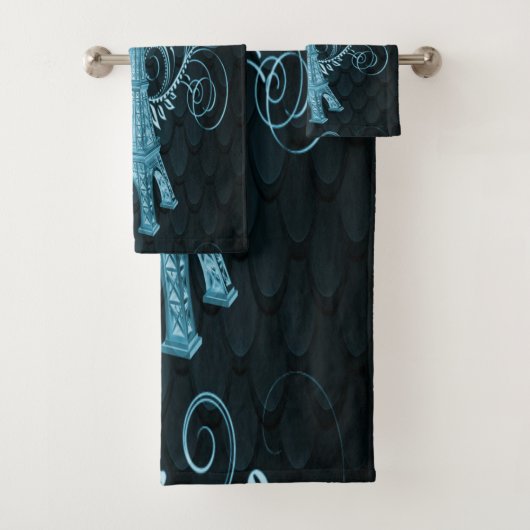 Eiffel Tower Blue Floral Swirls Towel Bad Handdoek (Insitu)