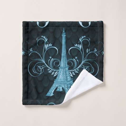 Eiffel Tower Blue Floral Swirls Towel Bad Handdoek (Wasdoekje)